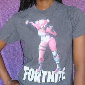 Fortnite unisex graphic character video game cartoon t-shirt in gray and white.